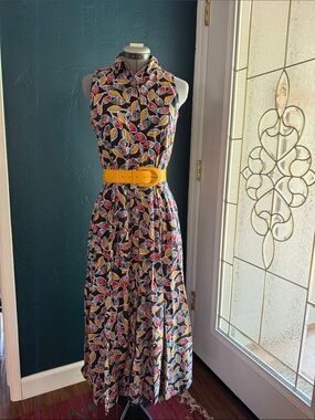 Vintage Liz Claiborne Navy Leaf-Print Cotton Maxi Dress with Yellow Belt